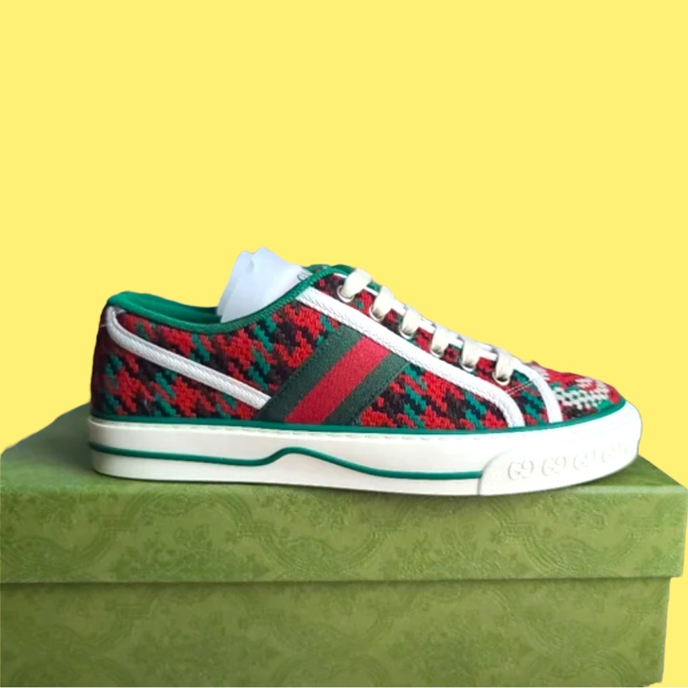 Gucci Tennis 1977 Houndstooth Motif Tweed Interlocking G Sneaker